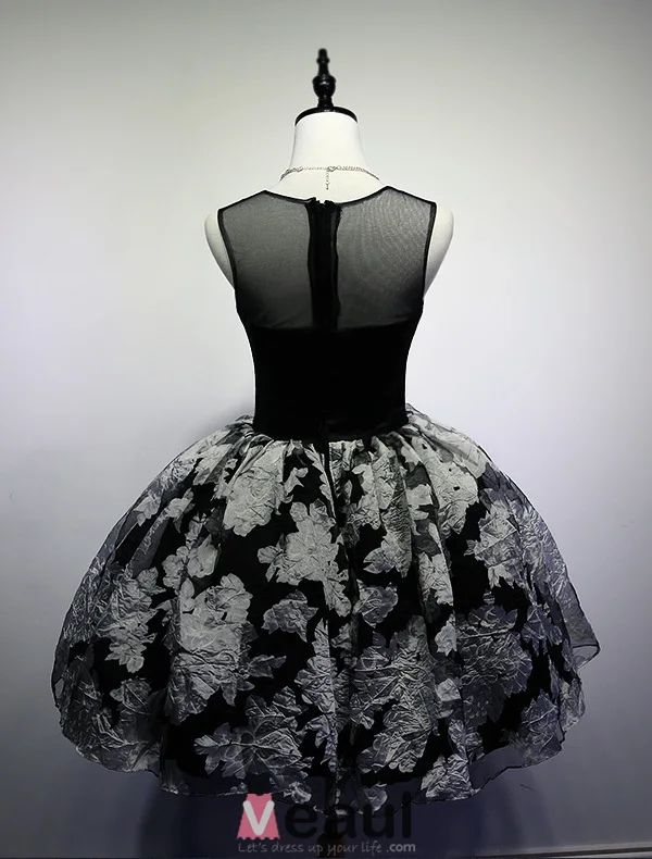 Liten Svart Dress 2016 Scoop Halsen Trykte Blomster Tyll Cocktailkjole