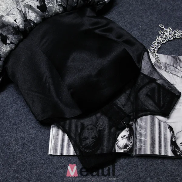 Liten Svart Dress 2016 Scoop Halsen Trykte Blomster Tyll Cocktailkjole