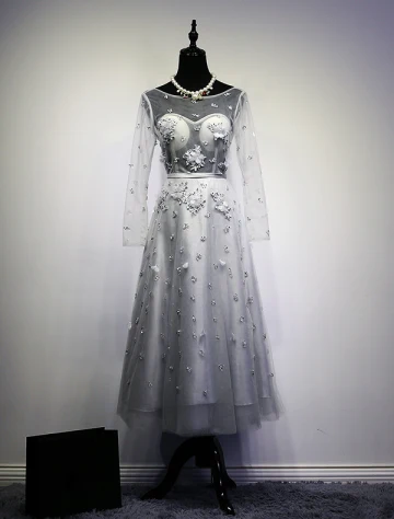 Feestjurk 2016 Mode Ronde Hals Kralen Pailletten Appliquebloem Backless Grijze Avondjurk Met Sjerp