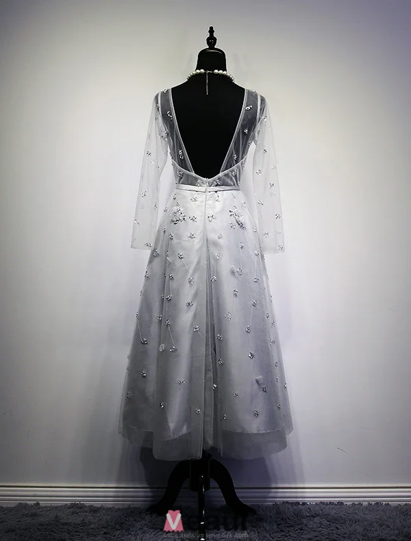 Festkjole 2016 Mote Scoop Halsen Beaded Paljett Applikasjon Blomst Ryggløse Grå Kjole Med Sash