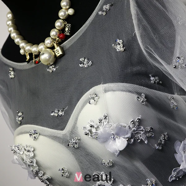 Festkjole 2016 Mote Scoop Halsen Beaded Paljett Applikasjon Blomst Ryggløse Grå Kjole Med Sash