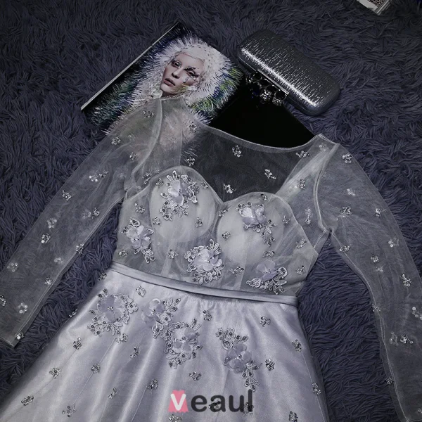 Festkjole 2016 Mote Scoop Halsen Beaded Paljett Applikasjon Blomst Ryggløse Grå Kjole Med Sash