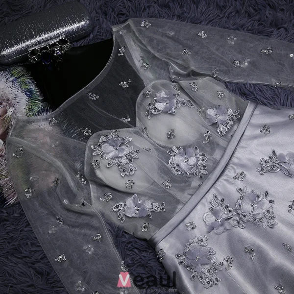 Festkjole 2016 Mote Scoop Halsen Beaded Paljett Applikasjon Blomst Ryggløse Grå Kjole Med Sash