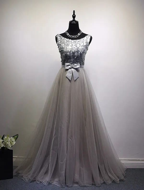2016 Glamorous Scoop Neck Silver Sequins Champagne Tulle Prom Dress With Bow Sash