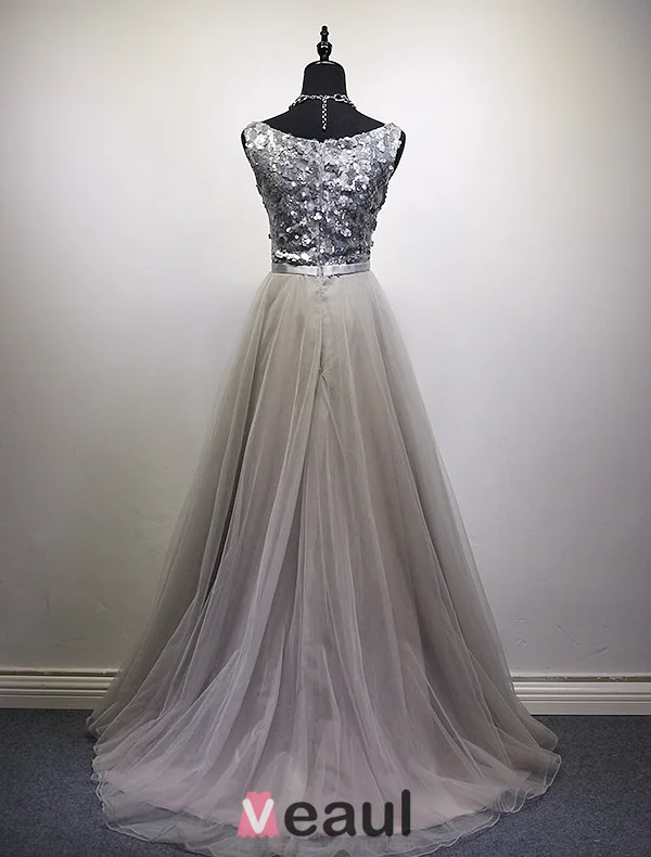 2016 Glamorous Scoop Neck Silver Sequins Champagne Tulle Prom Dress With Bow Sash