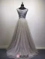 2016 Glamorous Scoop Neck Silver Sequins Champagne Tulle Prom Dress With Bow Sash