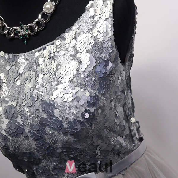2016 Glamorous Scoop Neck Silver Sequins Champagne Tulle Prom Dress With Bow Sash