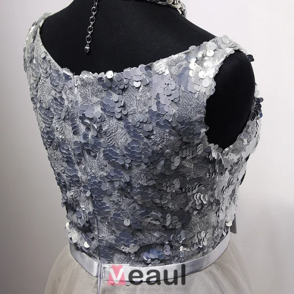 2016 Glamorous Scoop Neck Silver Sequins Champagne Tulle Prom Dress With Bow Sash