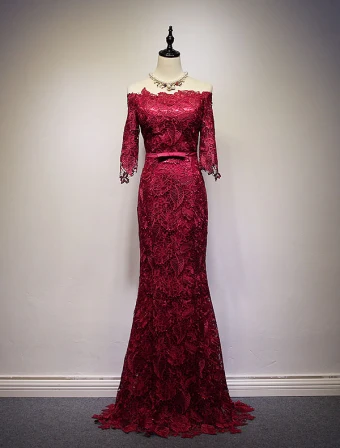 2016 Élégante Au Large De La Épaisse Robe De Soirée Épaule Dentelle Bordeaux Avec Un Noeud À Long Châssis