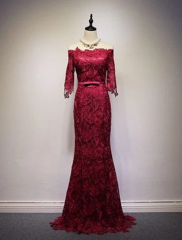 2016 Élégante Au Large De La Épaisse Robe De Soirée Épaule Dentelle Bordeaux Avec Un Noeud À Long Châssis