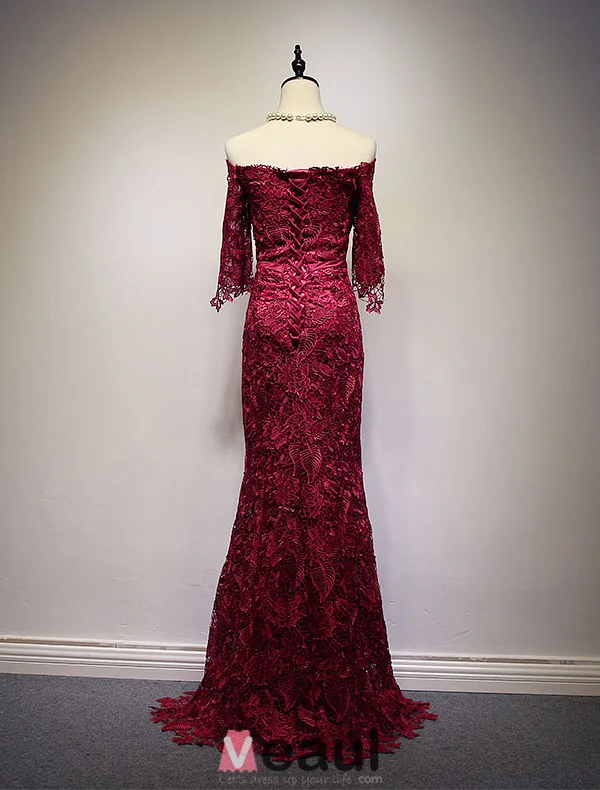 2016 Elegant Off The Shoulder Thick Lace Burgundy Long Evening Dress With Bow Sash