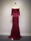 2016 Elegant Off The Shoulder Thick Lace Burgundy Long Evening Dress With Bow Sash