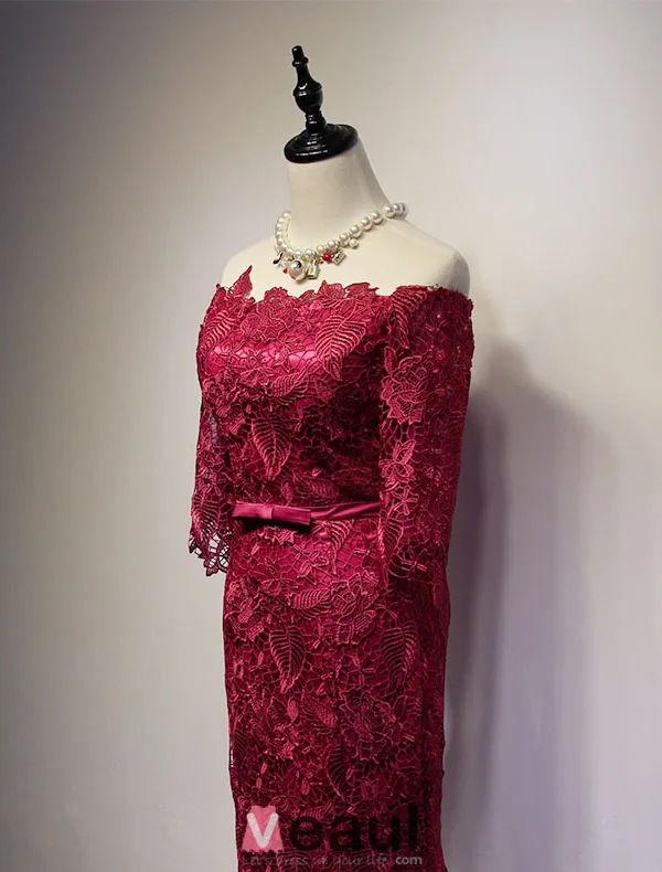 2016 Elegant Off The Shoulder Thick Lace Burgundy Long Evening Dress With Bow Sash