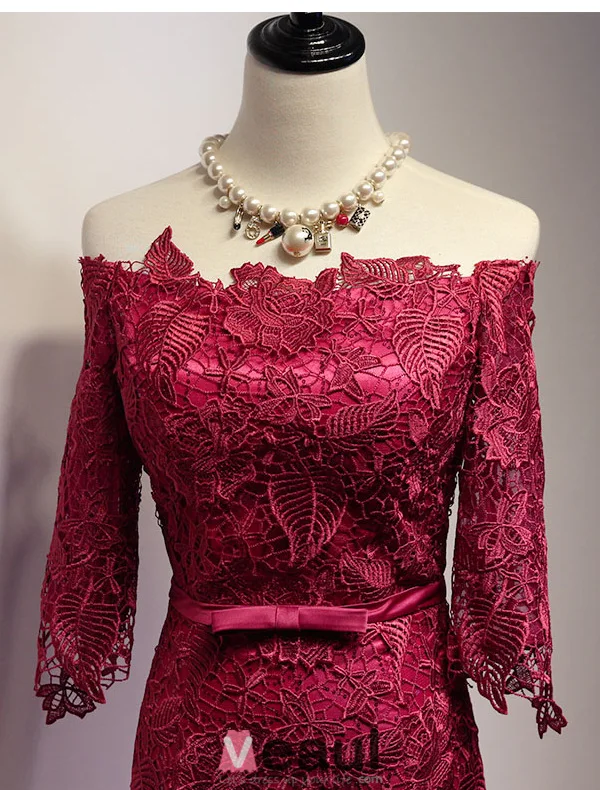 2016 Elegant Off The Shoulder Thick Lace Burgundy Long Evening Dress With Bow Sash