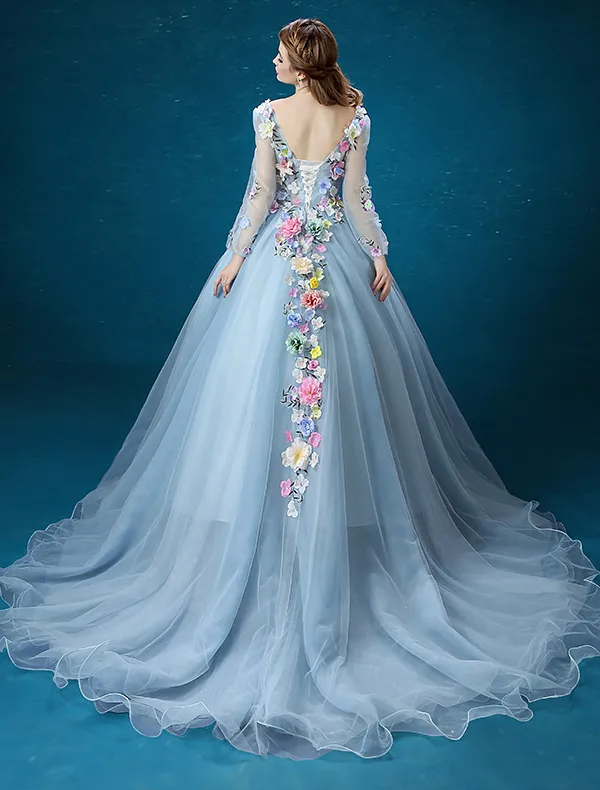 Flower Fairy Dress 2016 Long Sleeves Backless Handmade Colorful Flowers Long Prom Dress