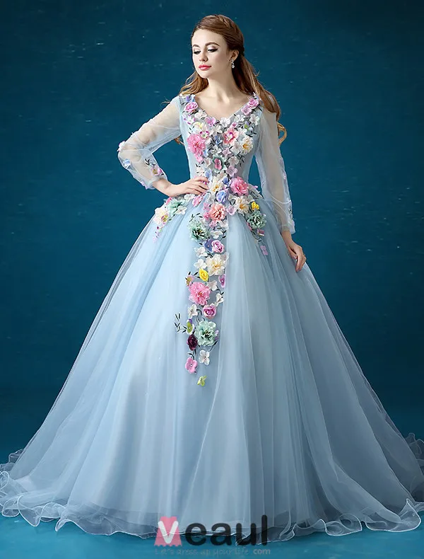 Flower Fairy Dress 2016 Long Sleeves Backless Handmade Colorful Flowers Long Prom Dress