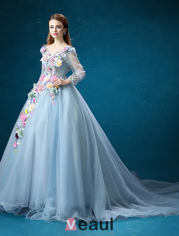 Flower Fairy Dress 2016 Long Sleeves Backless Handmade Colorful Flowers Long Prom Dress