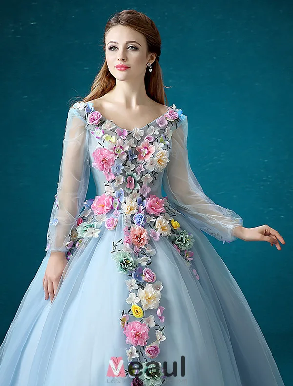 Flower Fairy Dress 2016 Long Sleeves Backless Handmade Colorful Flowers Long Prom Dress