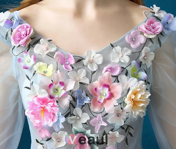 Flower Fairy Dress 2016 Long Sleeves Backless Handmade Colorful Flowers Long Prom Dress
