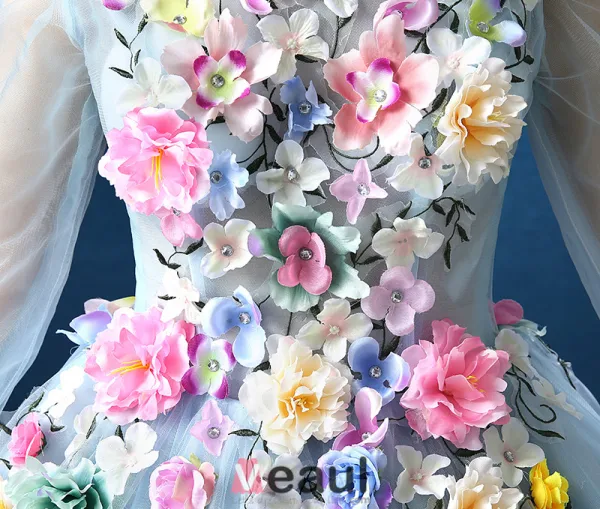 Flower Fairy Dress 2016 Long Sleeves Backless Handmade Colorful Flowers Long Prom Dress