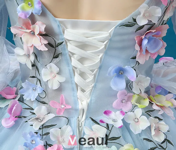 Flower Fairy Dress 2016 Long Sleeves Backless Handmade Colorful Flowers Long Prom Dress