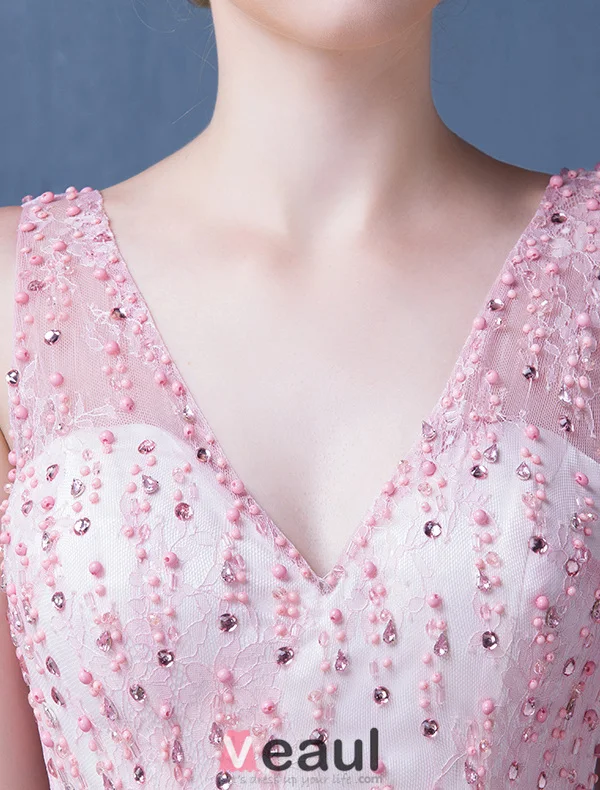 Prom Dress 2016 Deep V-neck Beading Rhinestones Backless Long Formal Dress With Sash