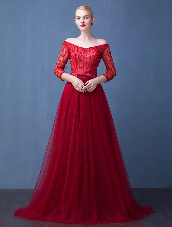 Evening Dress 2016 Off The Shoulder Beading Crystal Backless Burgundy Long Formal Dress With Sleeves
