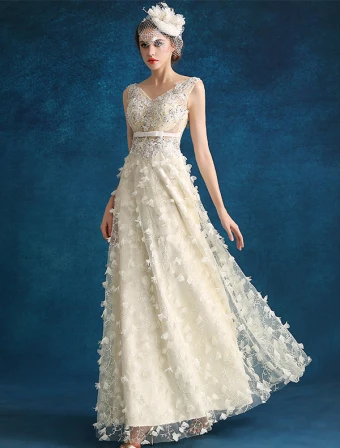 Avondjurk 2016 Mooie Backless Bloemen Pailletten Champagne Tule Lange Feestjurken Met Sjerp