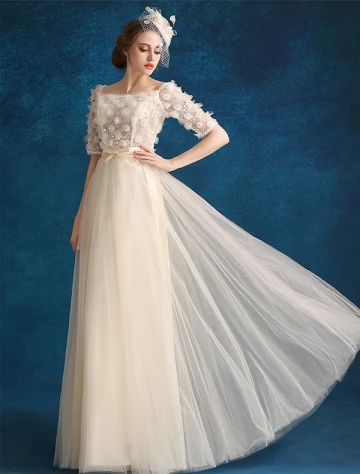Robes De Soirée Princesse 2016 Appliques De Tulle De Champagne Robe De Ceremonie Lounge Avec 1 2 Manches