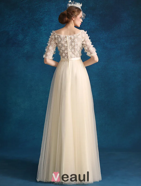 Princess Evening Dresses 2016 Applique Champagne Tulle Long Prom Dresses With 1/2 Sleeves