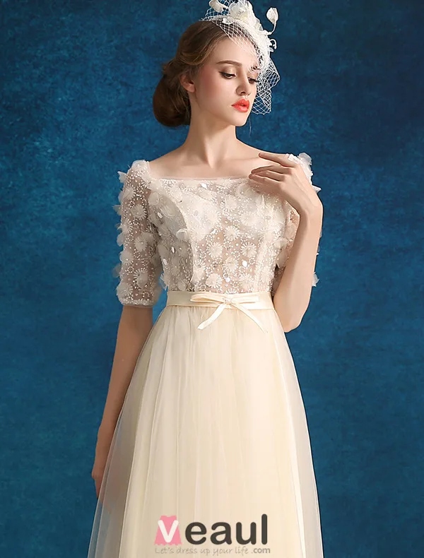 Princess Evening Dresses 2016 Applique Champagne Tulle Long Prom Dresses With 1/2 Sleeves