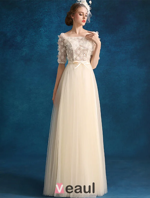 Princess Evening Dresses 2016 Applique Champagne Tulle Long Prom Dresses With 1/2 Sleeves