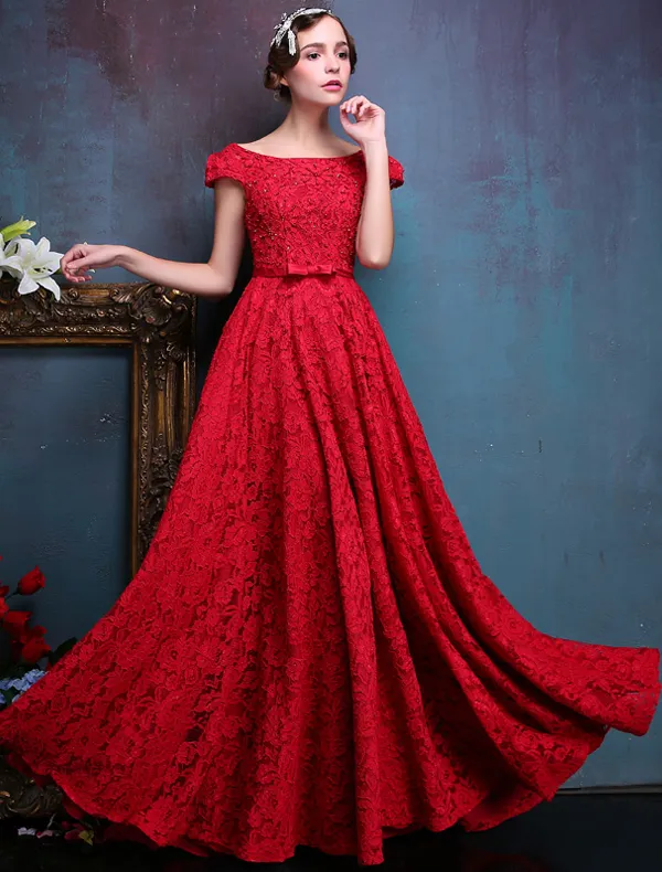 Vestidos De Noche Formales Elegantes Con Cuentas De Encaje Rojo