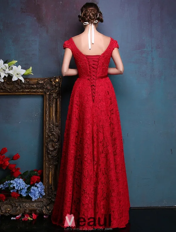 Elegant Evening Dresses 2016 Backless Short Sleeves Beading Red Lace Formal Dresses With Bow Sash