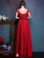 Elegant Evening Dresses 2016 Backless Short Sleeves Beading Red Lace Formal Dresses With Bow Sash