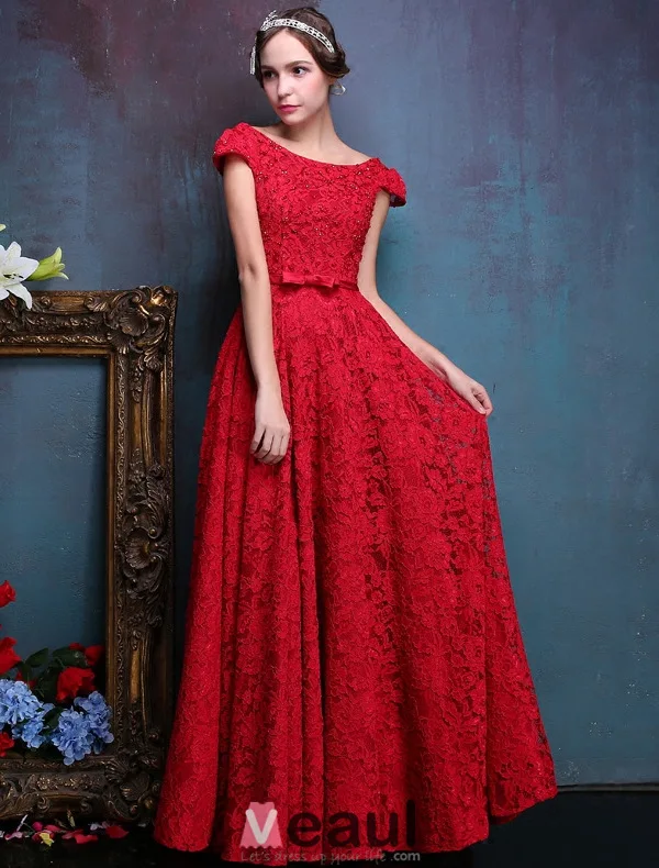 Elegant Evening Dresses 2016 Backless Short Sleeves Beading Red Lace Formal Dresses With Bow Sash