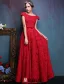 Elegant Evening Dresses 2016 Backless Short Sleeves Beading Red Lace Formal Dresses With Bow Sash