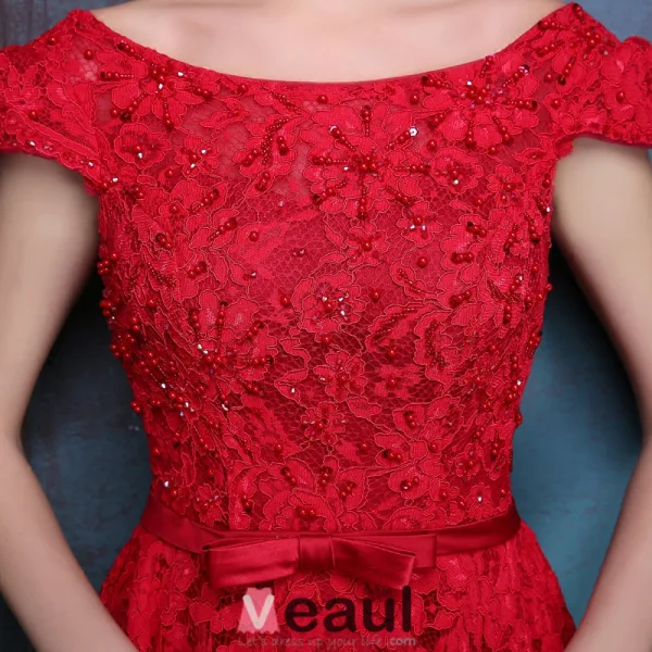 Elegant Evening Dresses 2016 Backless Short Sleeves Beading Red Lace Formal Dresses With Bow Sash