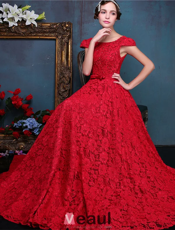 Elegant Evening Dresses 2016 Backless Short Sleeves Beading Red Lace Formal Dresses With Bow Sash