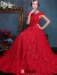 Elegant Evening Dresses 2016 Backless Short Sleeves Beading Red Lace Formal Dresses With Bow Sash