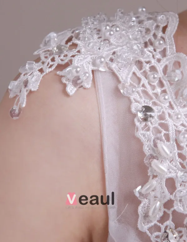 Mariée Epaules Tribunal Train De Sangle Licol V-cou Robe De Mariée En Dentelle Blanche