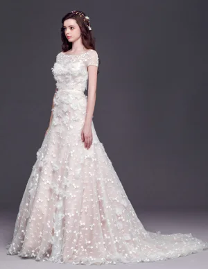 2015 A Line Square Neckline Organza Lace Handmade Flower Cathedral Train Wedding Dress