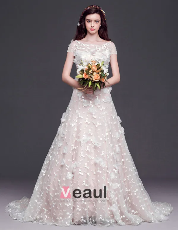 A-ligne Encolure Carree Organza Dentelle A La Main Fleur Cathedrale Train Robe De Mariée