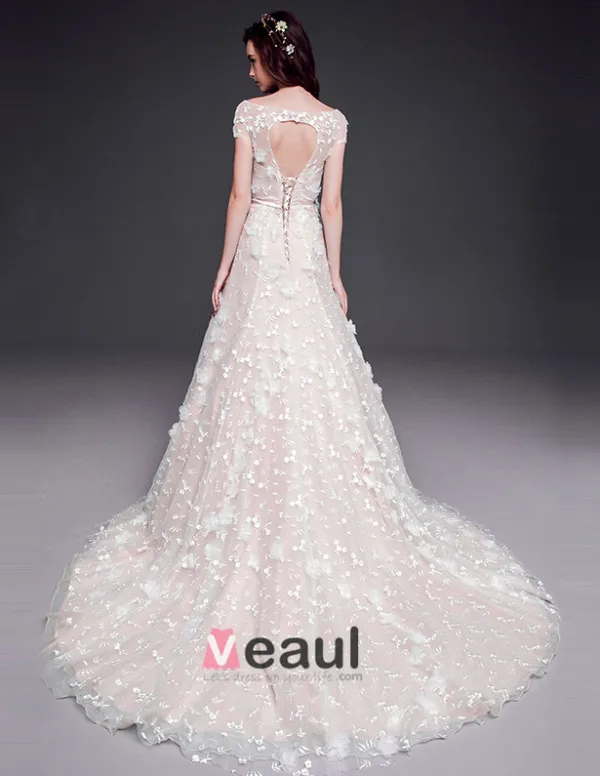 A-ligne Encolure Carree Organza Dentelle A La Main Fleur Cathedrale Train Robe De Mariée