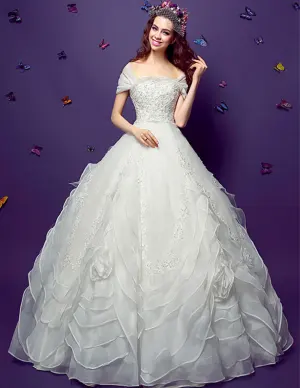 2015 Ball Gown Square Neckline Vintage Floor Length Organza Embroidered Wedding Dress