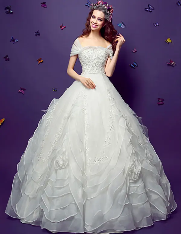 2015 Ball Gown Square Neckline Vintage Floor Length Organza Embroidered Wedding Dress
