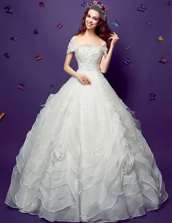 Ball Kjole Firkantet Hals Vintage Gulv Lengde Organza Brodert Brudekjole