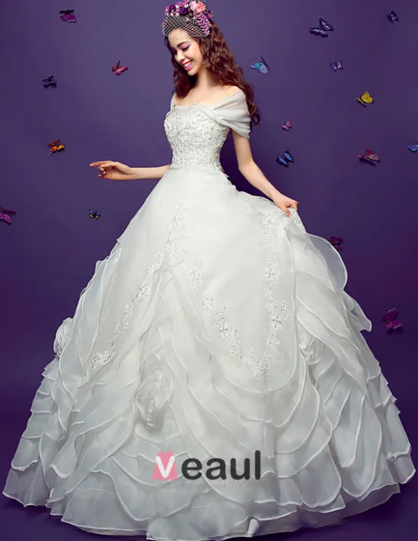 2015 Ball Gown Square Neckline Vintage Floor Length Organza Embroidered Wedding Dress