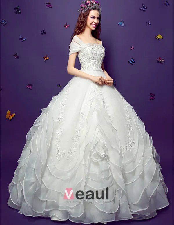 2015 Ball Gown Square Neckline Vintage Floor Length Organza Embroidered Wedding Dress