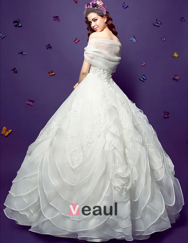 2015 Ball Gown Square Neckline Vintage Floor Length Organza Embroidered Wedding Dress